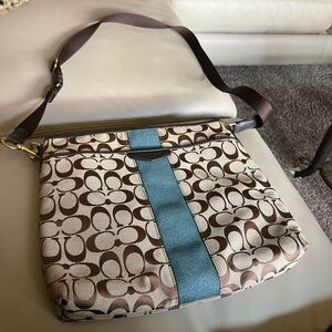 Coach Brown Signature Canvas Crossbody with Teal Stripe